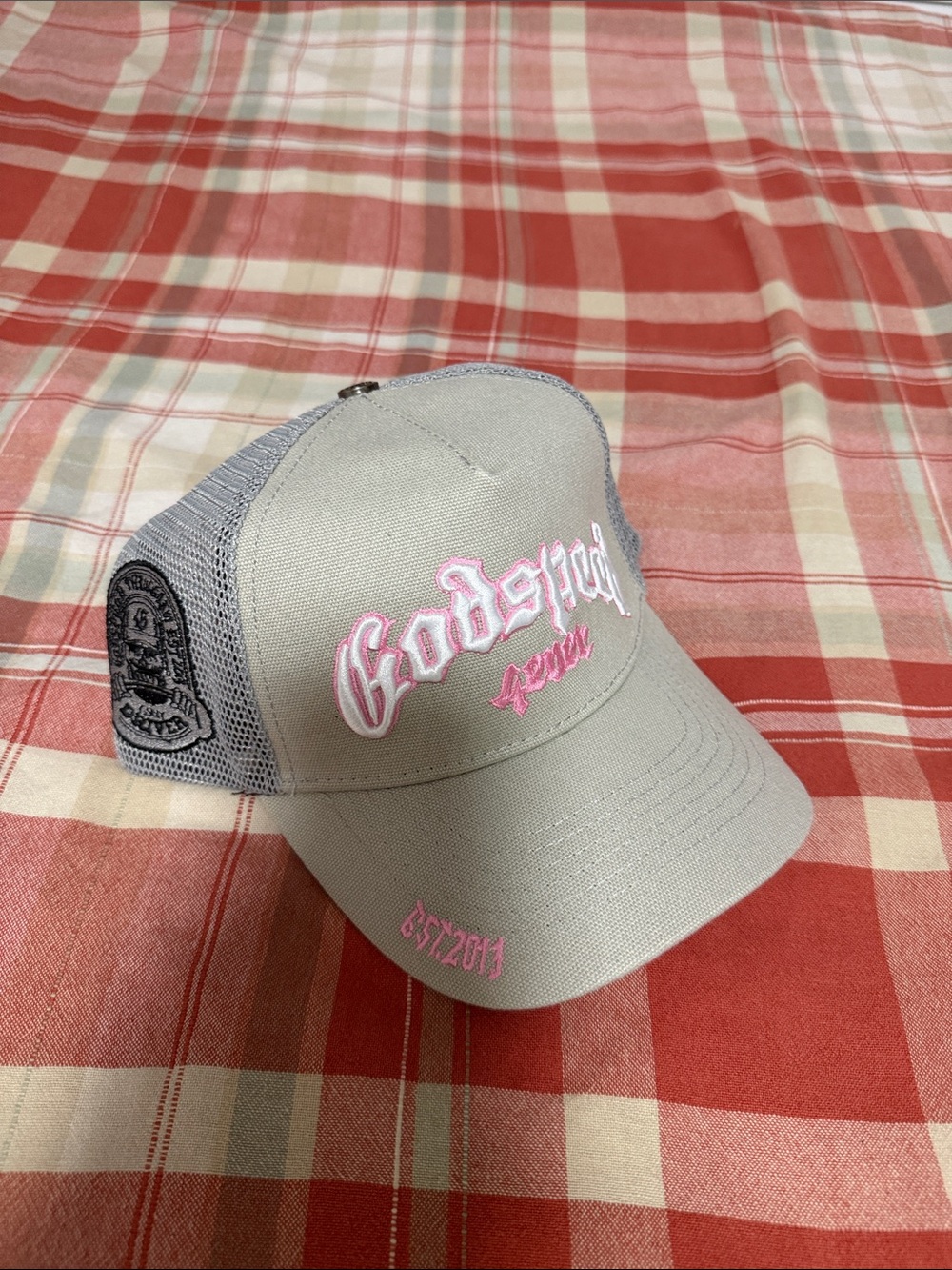 Godspeed Trucker Cap in Light Gray with Pink Embroidery